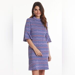 Tyler Boe Mindy Jacquard‎ Dress Medium blue chevron bell sleeve high neck A-line